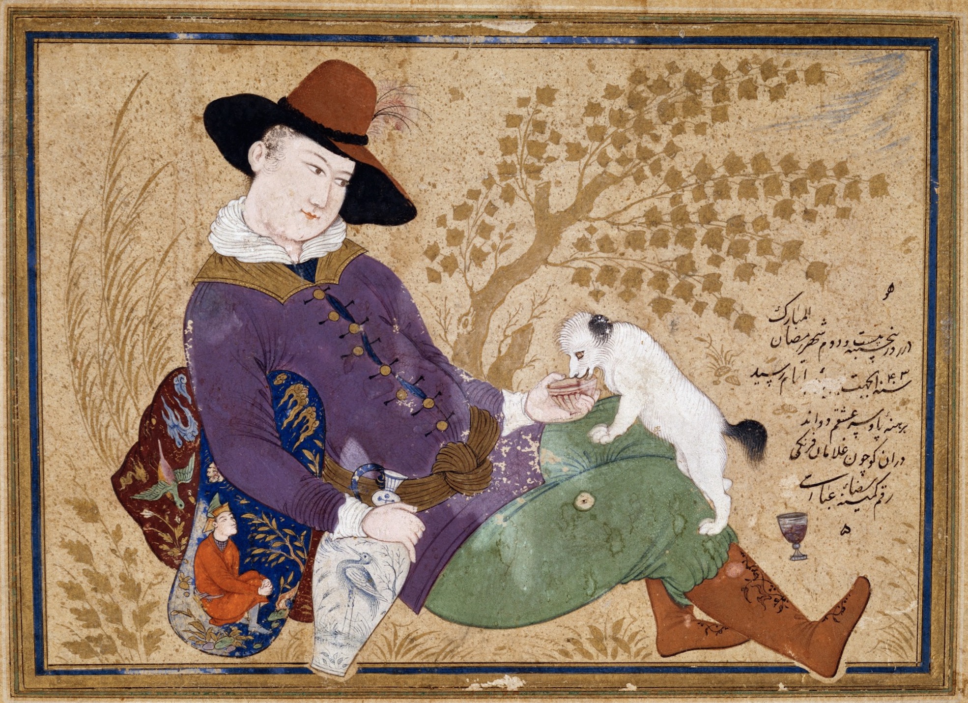 Young Portugese Man with dog - 1634 by Reza Abbasi ( Riza-i-Abbasi )